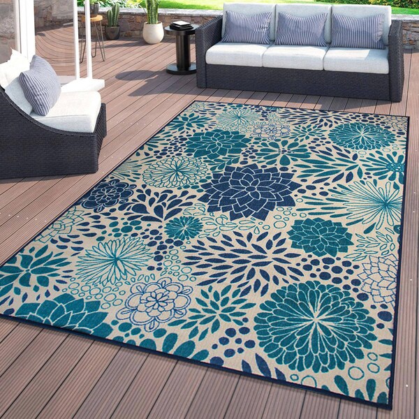 World Rug Gallery Modern Floral Circles Flatweave Indoor/Outdoor Area Rug 5' X 7' Blue 9015BLUE5X7 - main